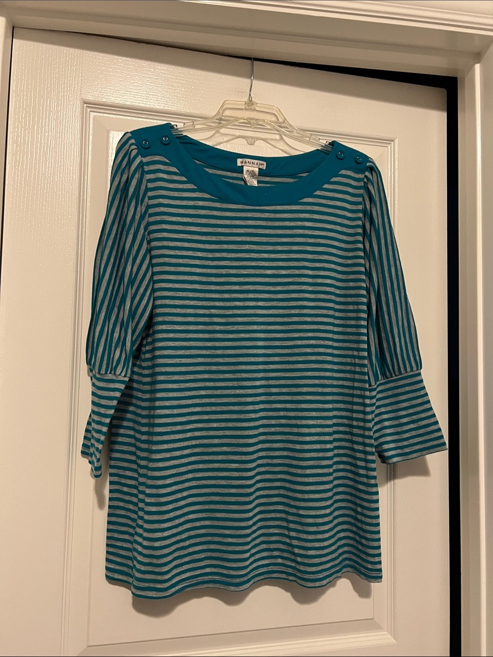 Hannah Striped Teal & Light Gray Boatneck Top with Button Shoulder Detail